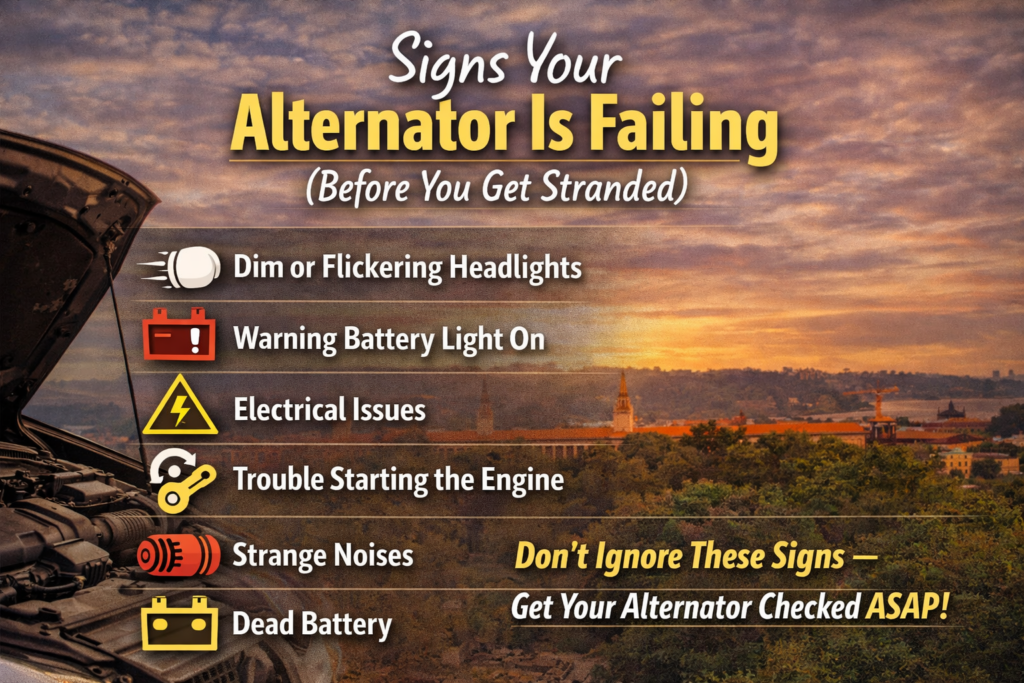 Mechanic diagnosing alternator failure in Pretoria vehicle