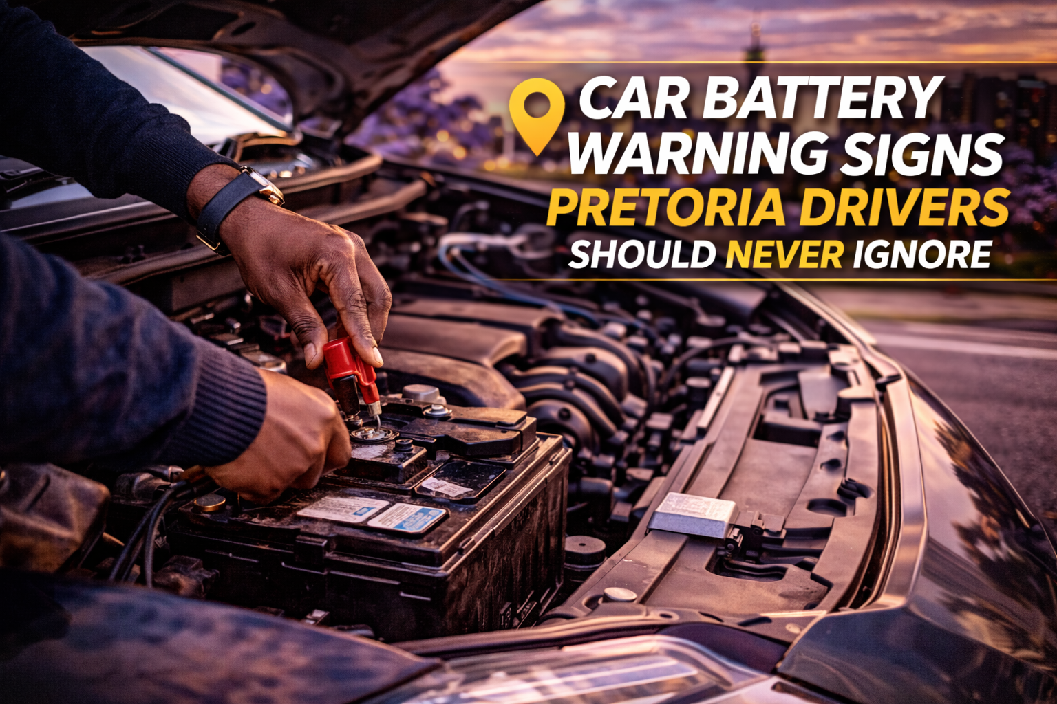 Car battery warning signs in Pretoria with mechanic testing battery