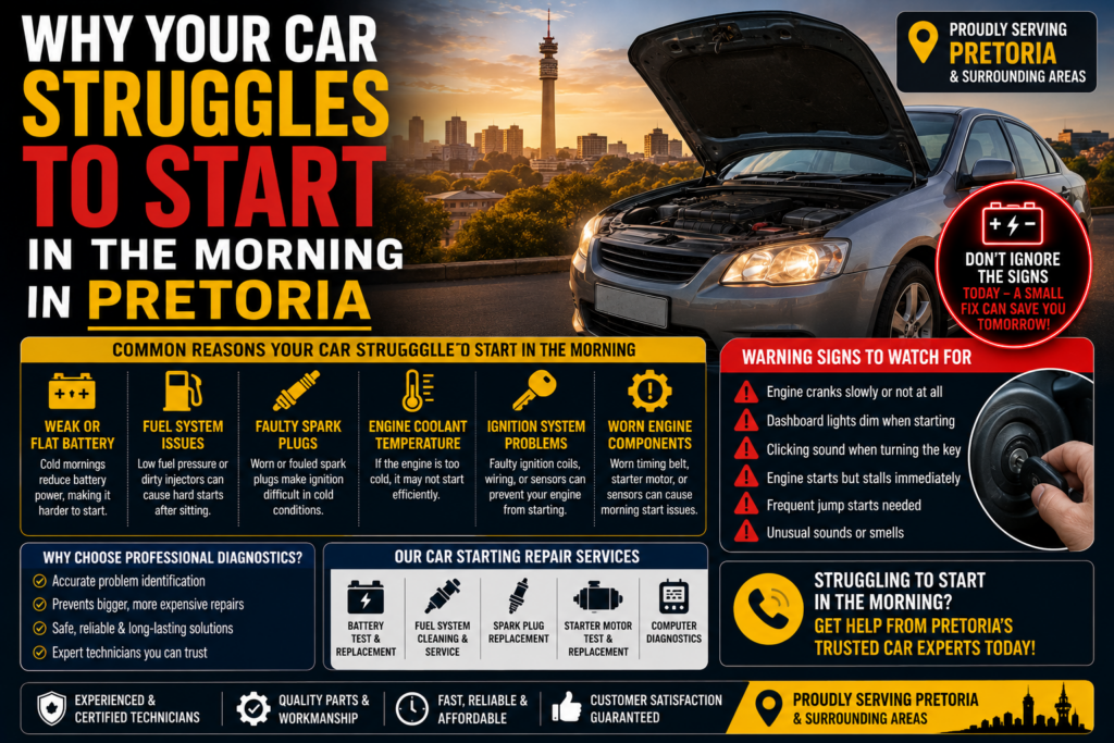 Car struggling to start in the morning in Pretoria with mobile mechanic inspection
