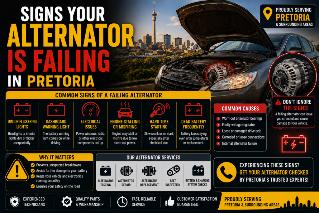 Alternator failure symptoms in Pretoria diagnosed by mobile mechanic