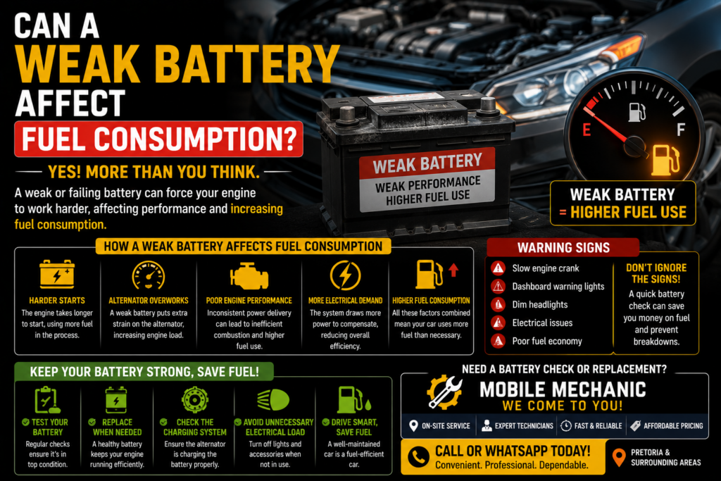 Weak car battery affecting fuel consumption in Pretoria with mobile mechanic testing vehicle